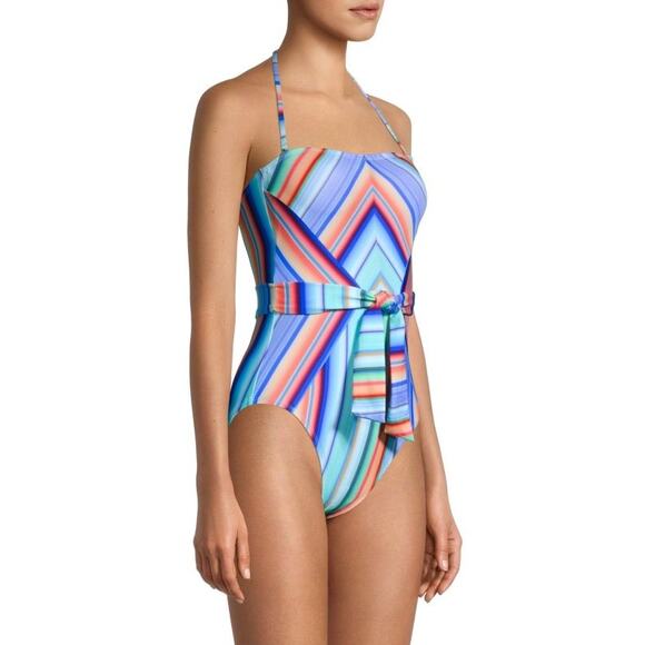 La Blanca Sunset Multicolor Bandeau Belted Tie Waist Stripe One Piece Swimsuit 4 - Picture 1 of 12